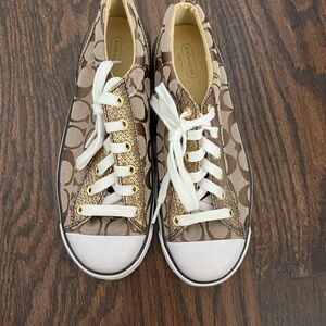 Coach Tan and Gold Lace-Up Sneakers